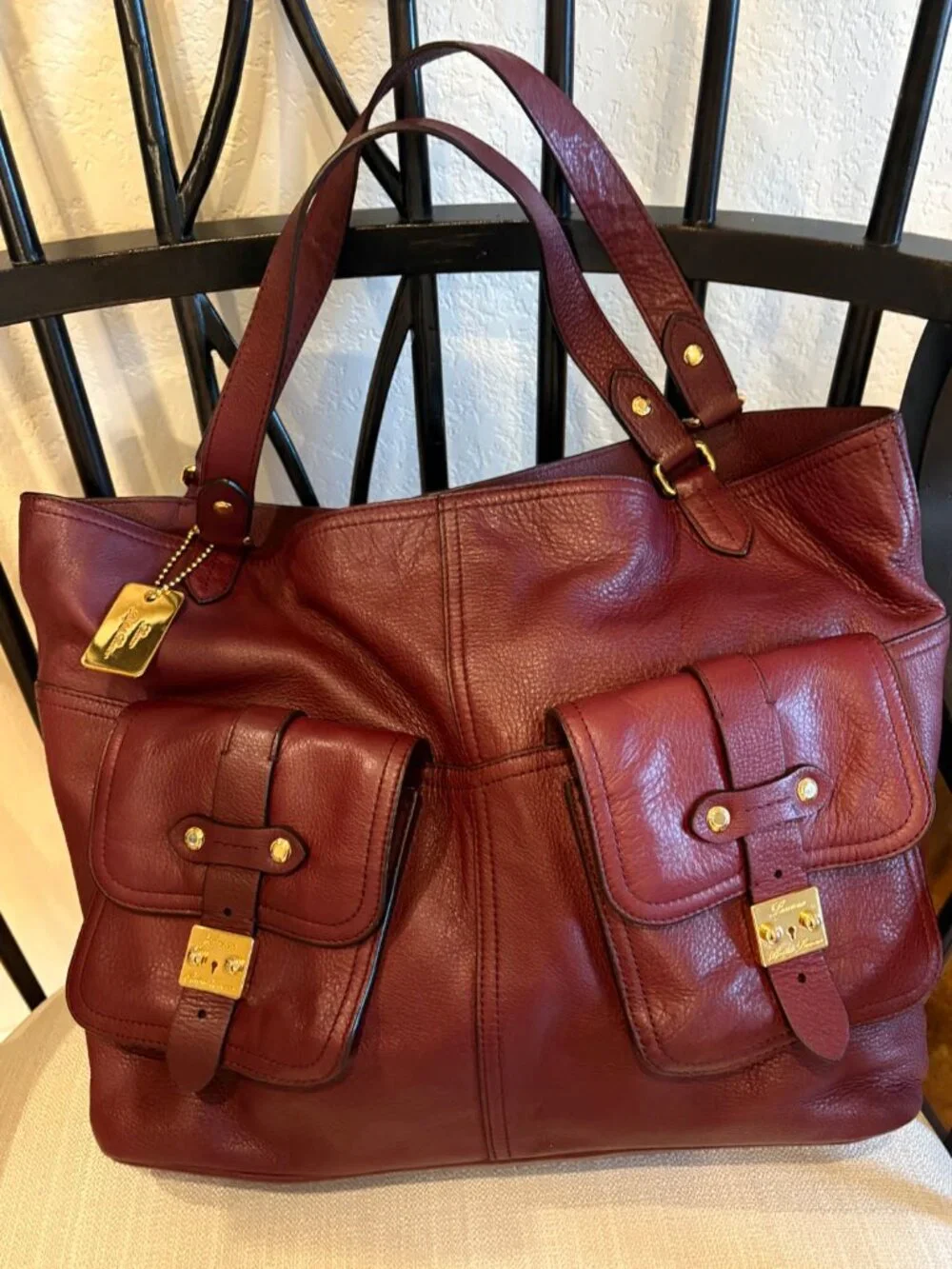 Lauren Ralph Lauren Large Pebbled Leather Tote – Burgundy/Gold Hardware